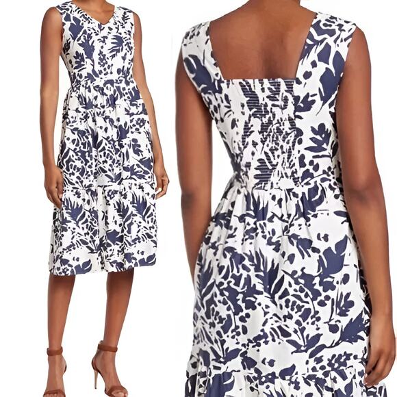 Magaschoni Dresses & Skirts - Magaschoni Bold Shadow Fauna Linen Smocked Midi Dress Blue White Size 10 NWT